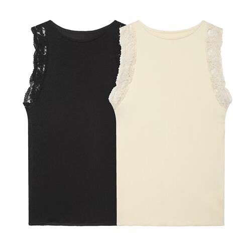 WMXZ夏季新品女装极简风无袖挂脖领罗纹蕾丝拼接装饰上衣 5039022