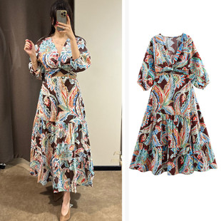 田园风V领结饰印花迷笛连衣裙女2584 185 2584185新款 WMXZ春季