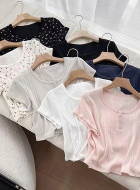 WMXZ女装提花罗纹亨利领T恤/短袖辣妹风25春夏新款474412 477607