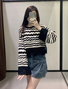 针织毛衣7901 圆领宽松百搭撞色镂空长袖 867 7901867新款 WMXZ秋季