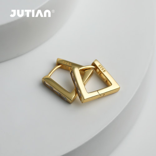 JUTIAN 高级感轻奢纯银耳扣ins小众设计极简几何梯形镶嵌锆石耳饰