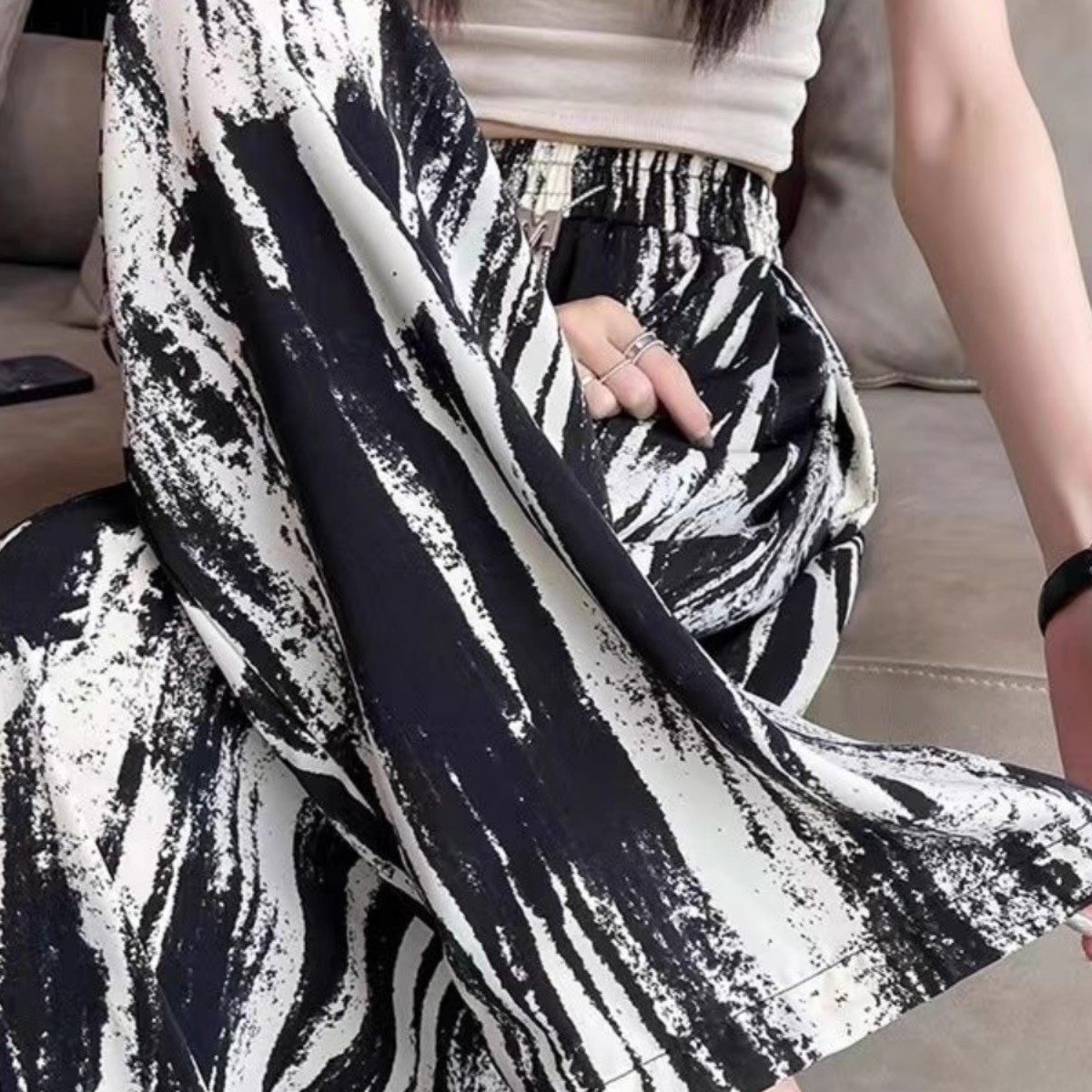 时尚夏装冰丝扎染阔腿裤女休闲裤