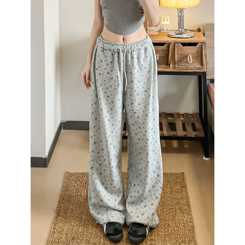 复古碎花抽绳阔腿休闲裤女直筒裤