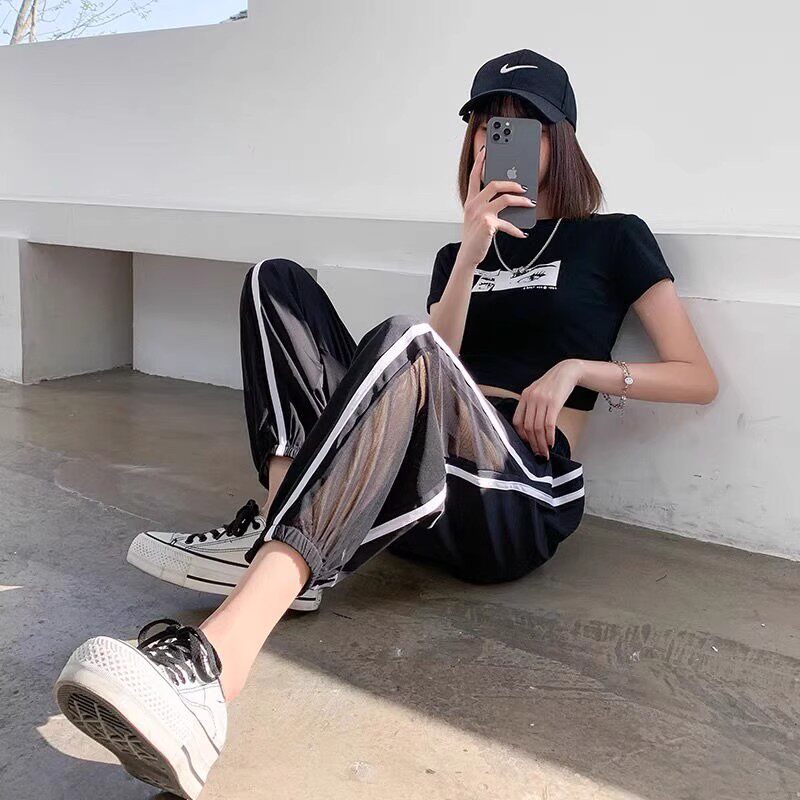 冰丝网纱运动裤女夏季休闲九分裤