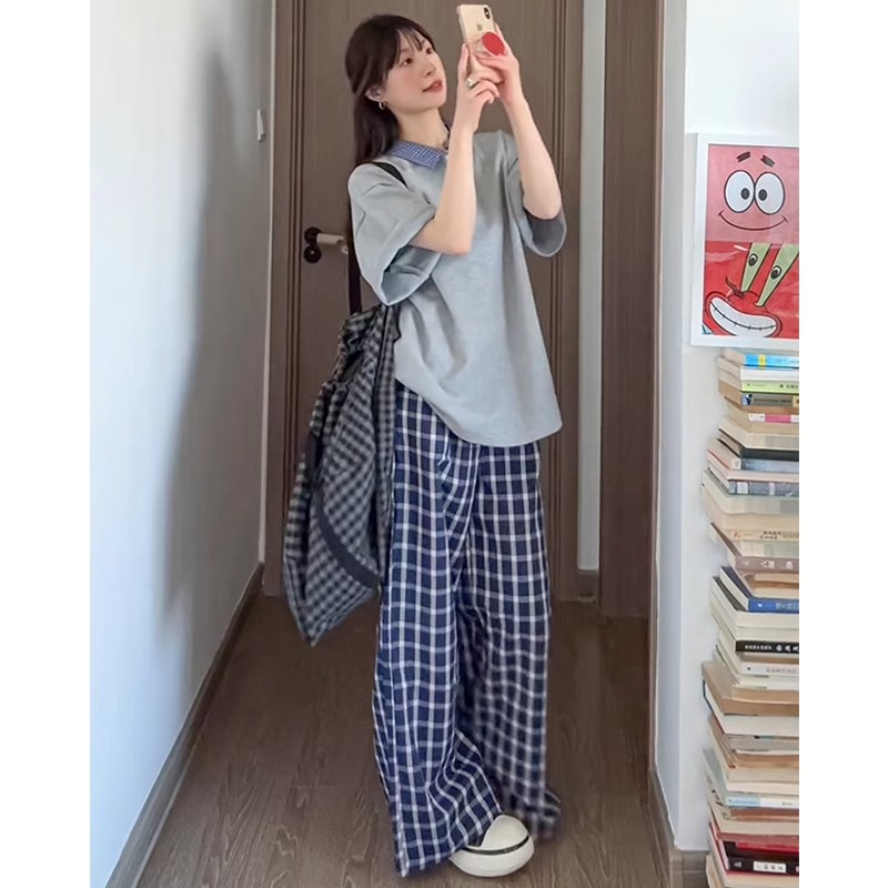 露思同款蓝色格子裤子女夏季长裤