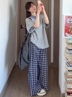 清仓捡漏露思同款蓝色格子裤子女夏季高腰休闲慵懒风拖地阔腿长裤