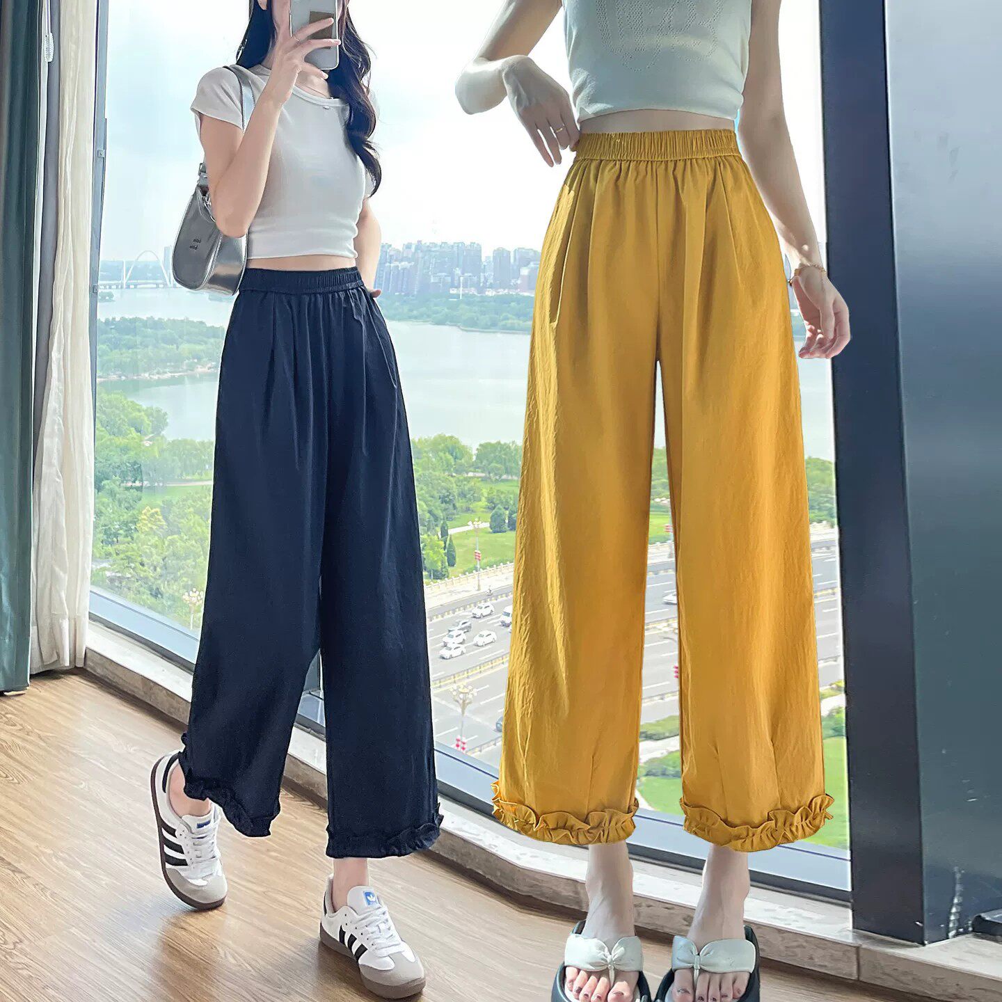 木耳花边冰丝阔腿裤女夏季九分裤