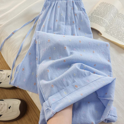 2025夏新款蓝色彩色波点阔腿裤女