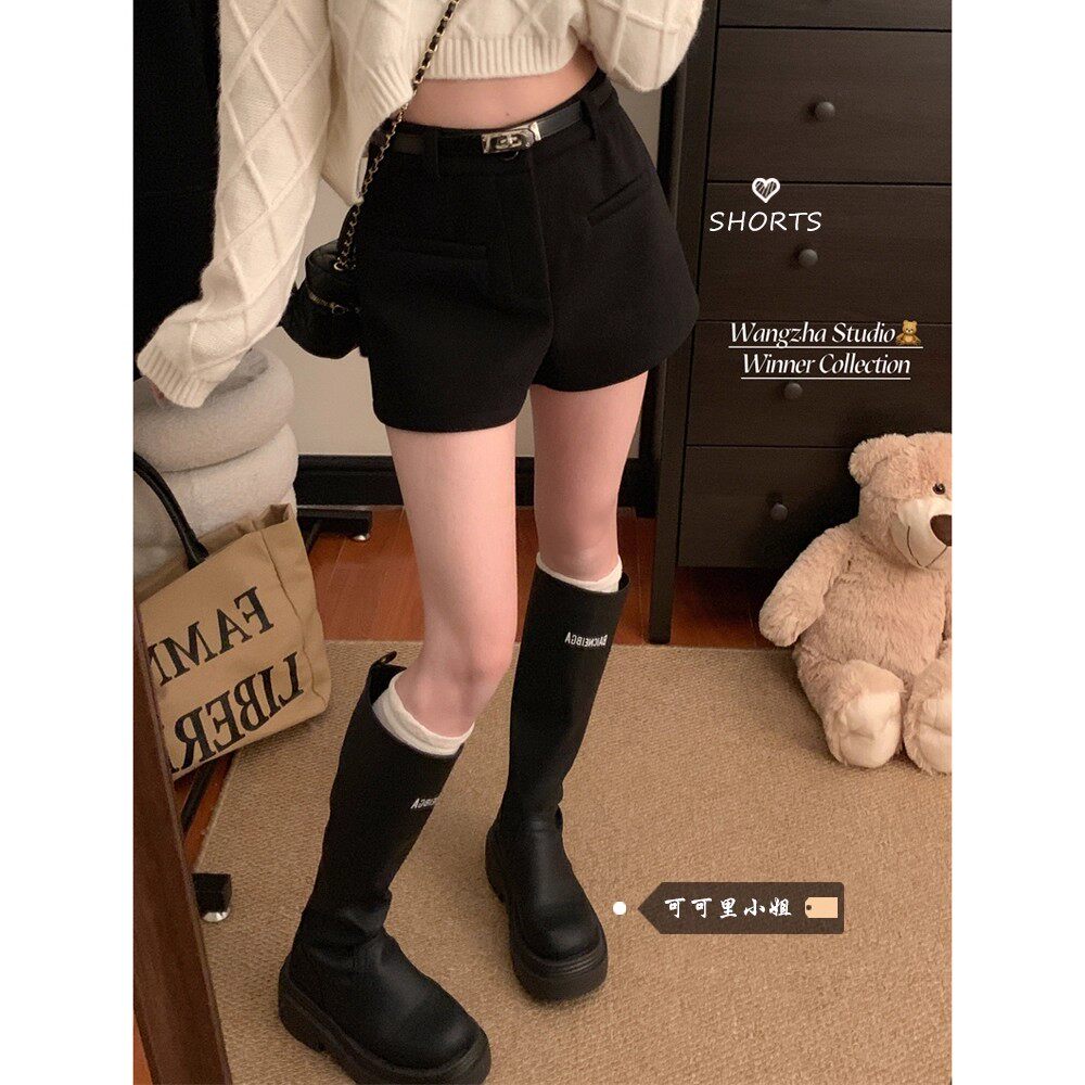 辣妹风毛呢休闲短裤女秋冬阔腿裤