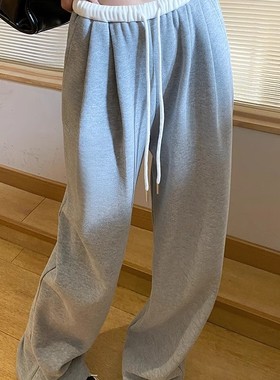 清仓捡漏灰色拼接阔腿裤女夏季休闲宽松拖地裤显瘦直筒运动卫裤潮