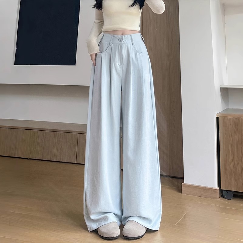 清仓捡漏雾霾蓝奶芙西装裤女夏季高腰显瘦休闲宽松冰丝垂感阔腿裤