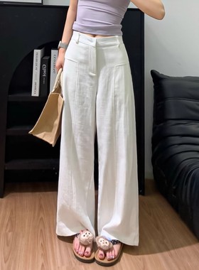 清仓捡漏白色亚麻苎麻阔腿裤女春秋高腰老钱风直筒棉麻西装休闲裤