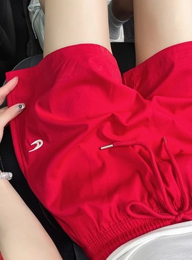 清仓捡漏红色工装短裤女外穿夏薄款显瘦休闲小个子运动阔腿五分裤