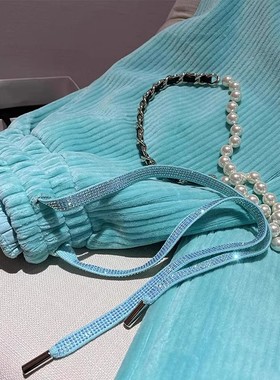 清仓捡漏~湖蓝色雪尼尔阔腿裤女春秋薄款冬季加绒直筒休闲裤子潮