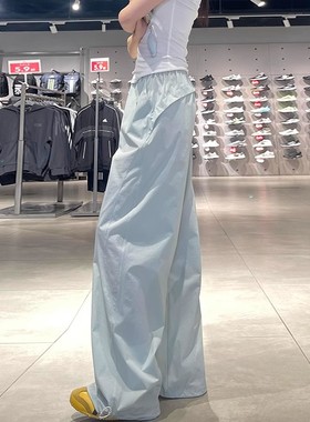 清仓捡漏蓝色速干工装裤女夏季薄款宽松直筒休闲小个子阔腿运动裤