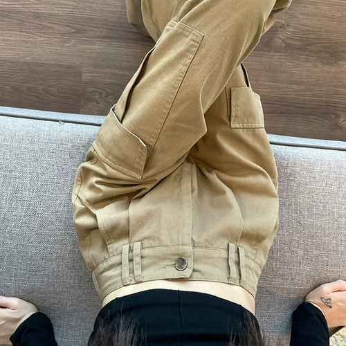 卡其色工装裤女春秋季运动阔腿裤