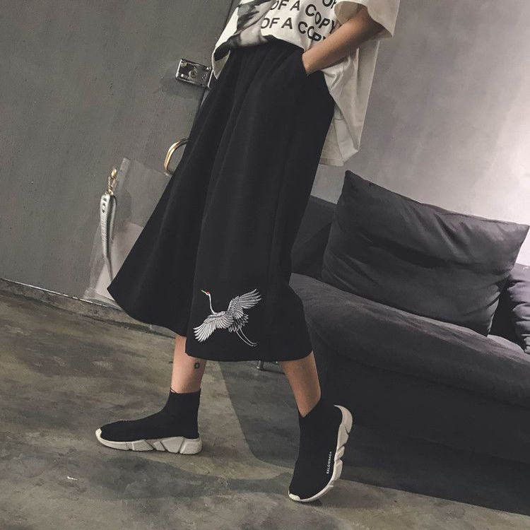 仙鹤古着刺绣休闲七分裤阔腿裤女