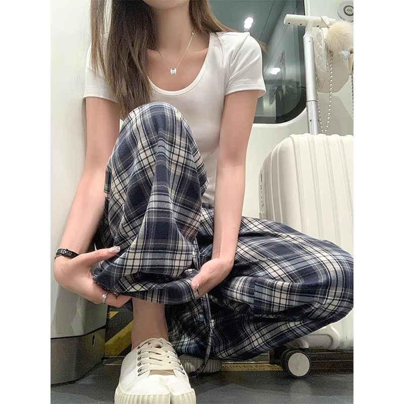 显瘦灰蓝格子休闲裤宽松直筒长裤