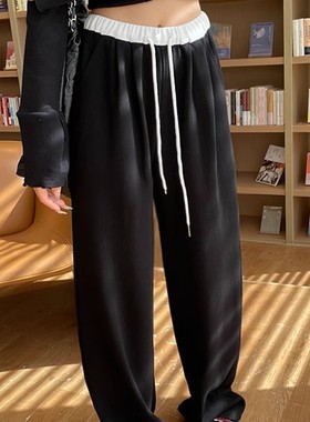 清仓捡漏美式黑色运动裤女夏季高腰宽松休闲卫裤显瘦拼接阔腿裤子