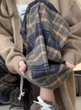 清仓捡漏黄色格子裤子女秋冬高腰垂感休闲加绒小个子复古阔腿裤子