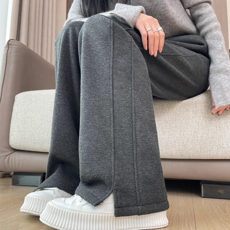 灰色直筒裤女秋冬加绒裤子人字纹