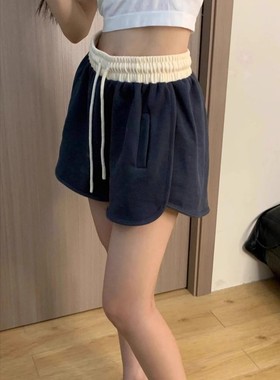 清仓捡漏~藏蓝色三分运动短裤女夏季高腰显瘦美式休闲居家睡裤子