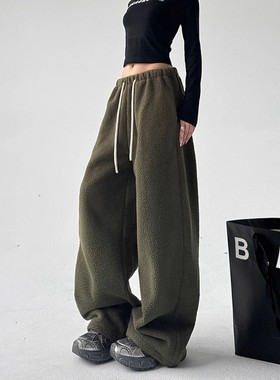 清仓捡漏~美式摇粒绒军绿色卫裤女秋冬休闲阔腿运动垂感宽松裤子