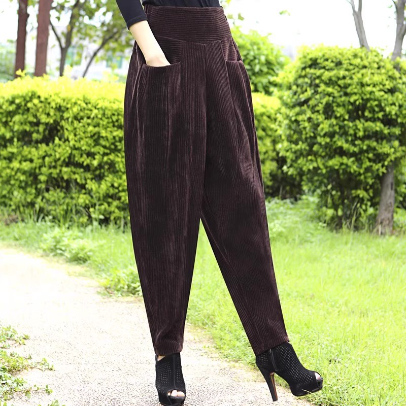 女士雪尼尔加绒萝卜裤条绒哈伦裤