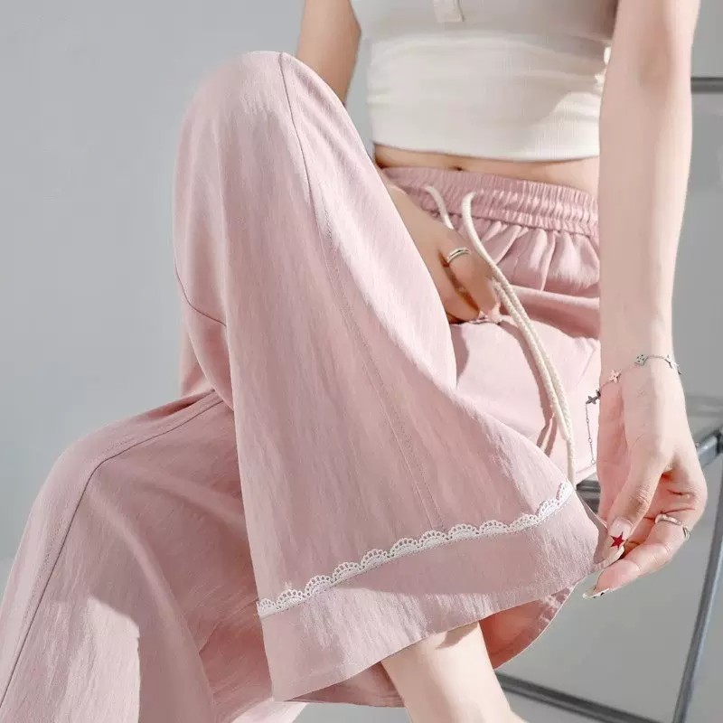 蕾丝花边冰丝阔腿裤子女夏季薄款