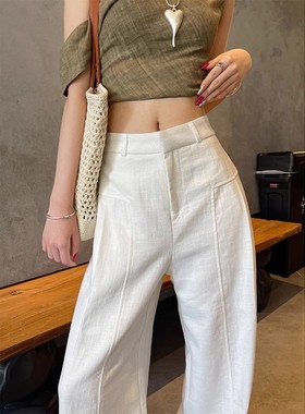 清仓捡漏白色苎麻阔腿裤女春秋高腰垂感老钱风西装亚麻棉麻休闲裤