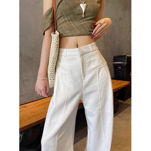 亚麻棉麻休闲裤 清仓捡漏白色苎麻阔腿裤 女春秋高腰垂感老钱风西装