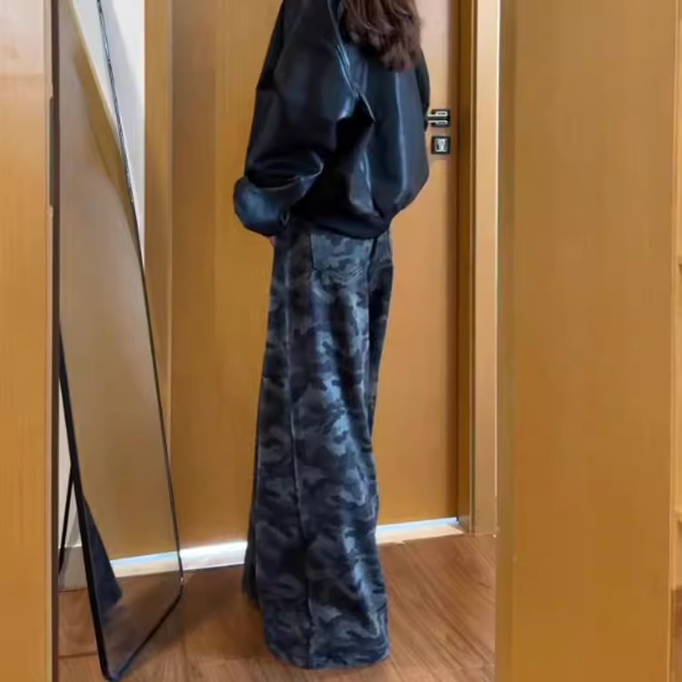 清仓捡漏甜酷辣妹美式风迷彩阔腿裤女秋季高腰宽松显瘦直筒拖地裤
