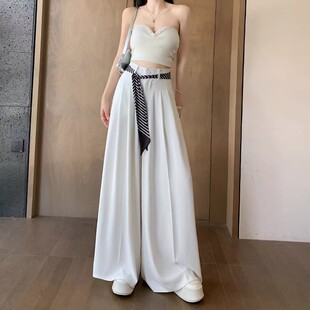 捡漏白色冰丝西装裤女夏季薄款裙裤高级感丝巾系带大摆拖地裤