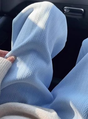 清仓捡漏蓝色雪尼尔阔腿裤女秋冬季高腰休闲直筒麦穗纹加绒针织裤