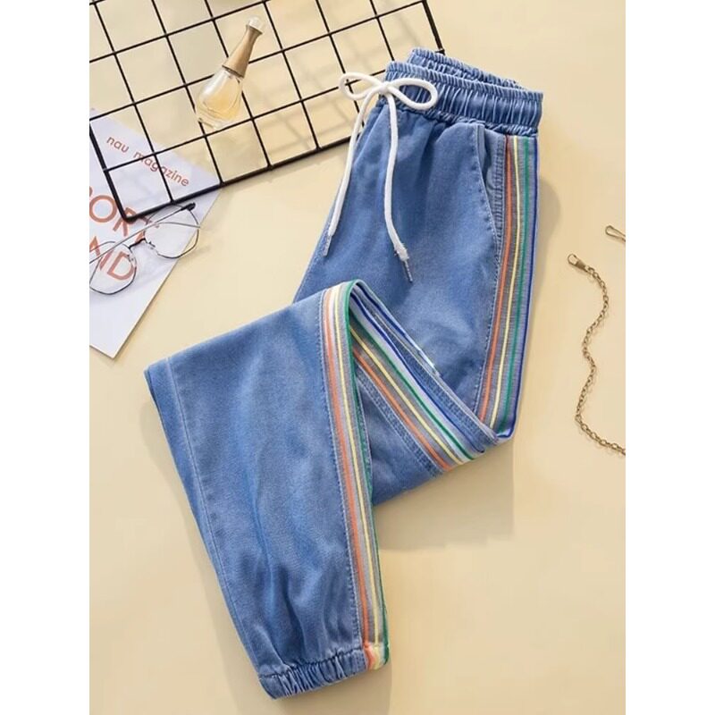 色天丝牛仔裤女撞色侧条纹彩虹条