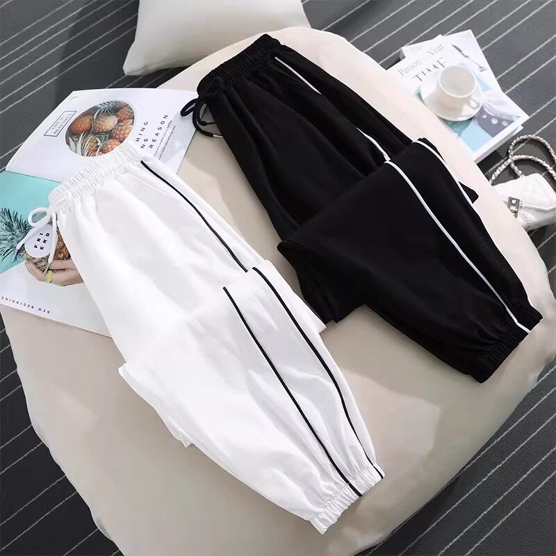 清仓捡漏~条纹休闲运动裤子女夏季薄款速干九分裤束脚防蚊灯笼裤