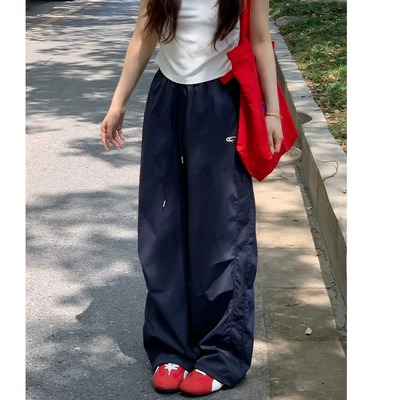 藏青色美式刺绣工装裤春秋阔腿裤
