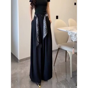 清仓捡漏黑色丝巾褶皱垂感西装裤女夏季高腰休闲欧货大裤脚阔腿裤
