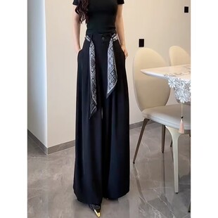 清仓捡漏黑色丝巾褶皱垂感西装裤女夏季高腰休闲欧货大裤脚阔腿裤