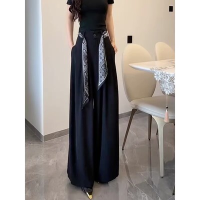 黑色丝巾褶皱垂感西装裤子女夏季