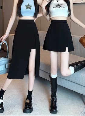 清仓捡漏~不规则开叉黑色半身裙女夏季中长裙A字裙安全裤高腰短裙