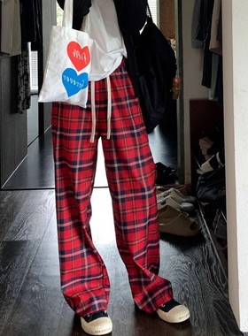 清仓捡漏复古红色格子裤子女春秋高腰松紧休闲直筒长裤窄版阔腿裤