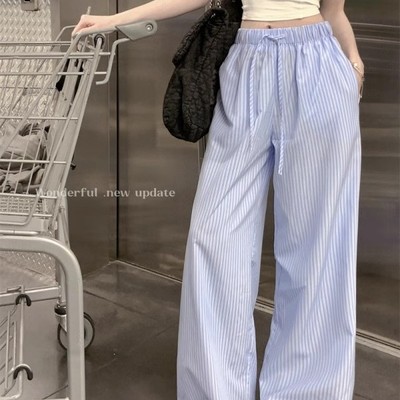 清仓捡漏蓝色条纹阔腿休闲裤女