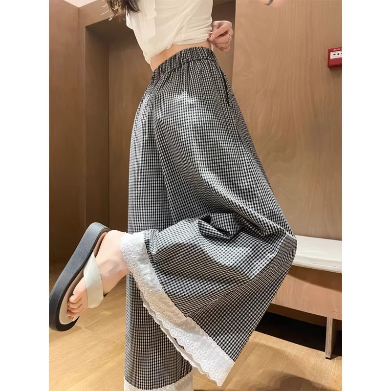 日系蕾丝花边格子阔腿裤子女夏季