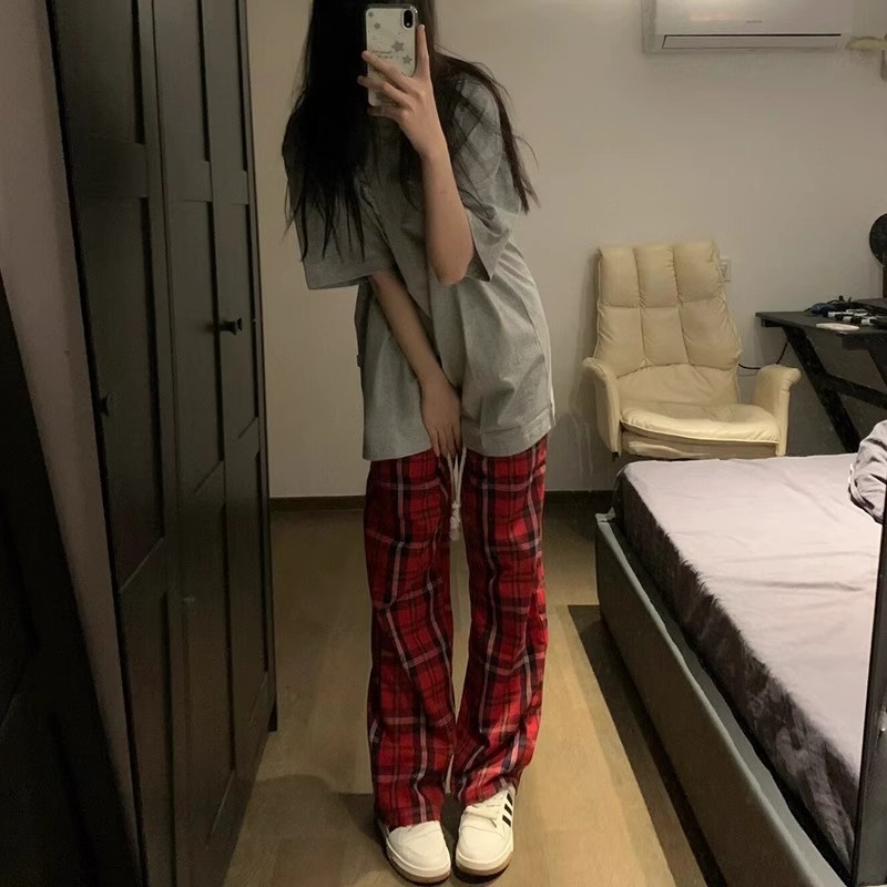 红色格子裤女宽松百搭复古休闲裤