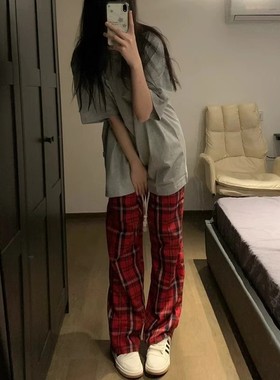清仓捡漏红色格子裤子女宽松百搭复古休闲裤高腰美式小个子阔腿裤