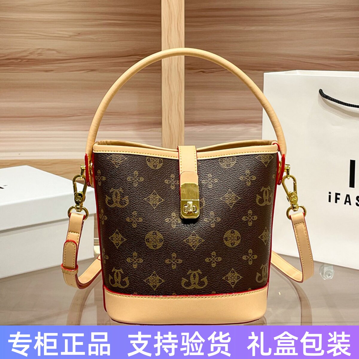 香港真皮老花水桶包女单肩斜挎包