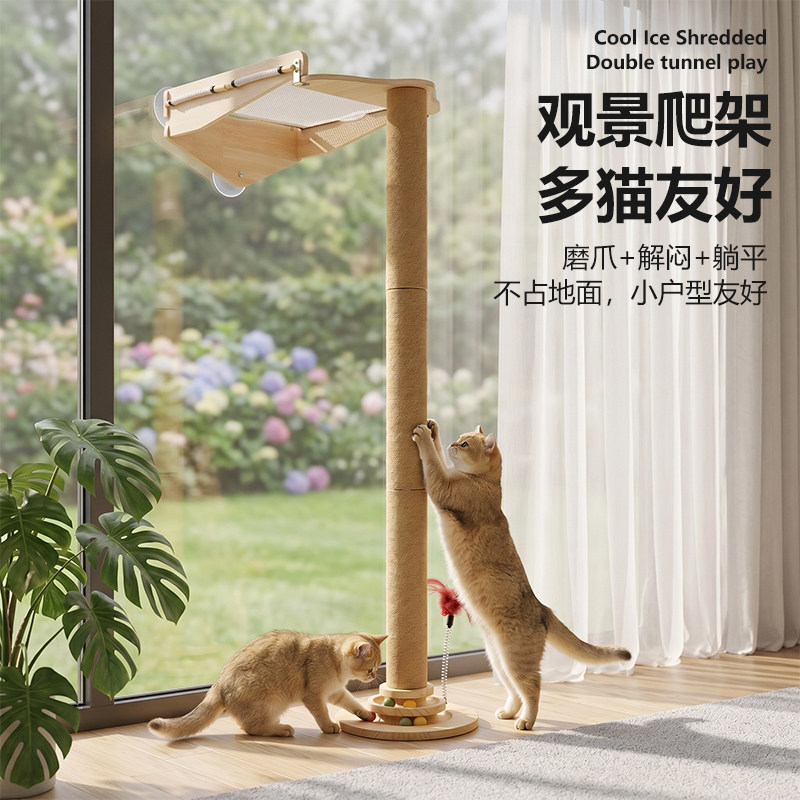墙壁式猫爬架免打孔吸盘式猫爬柱吊床玻璃窗台猫窝一体猫抓板玩具图片