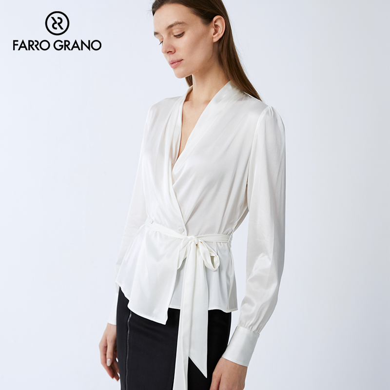 FARRO GRANO重磅真丝商场同款白色气质长袖轻薄收腰系带v领衬衫女