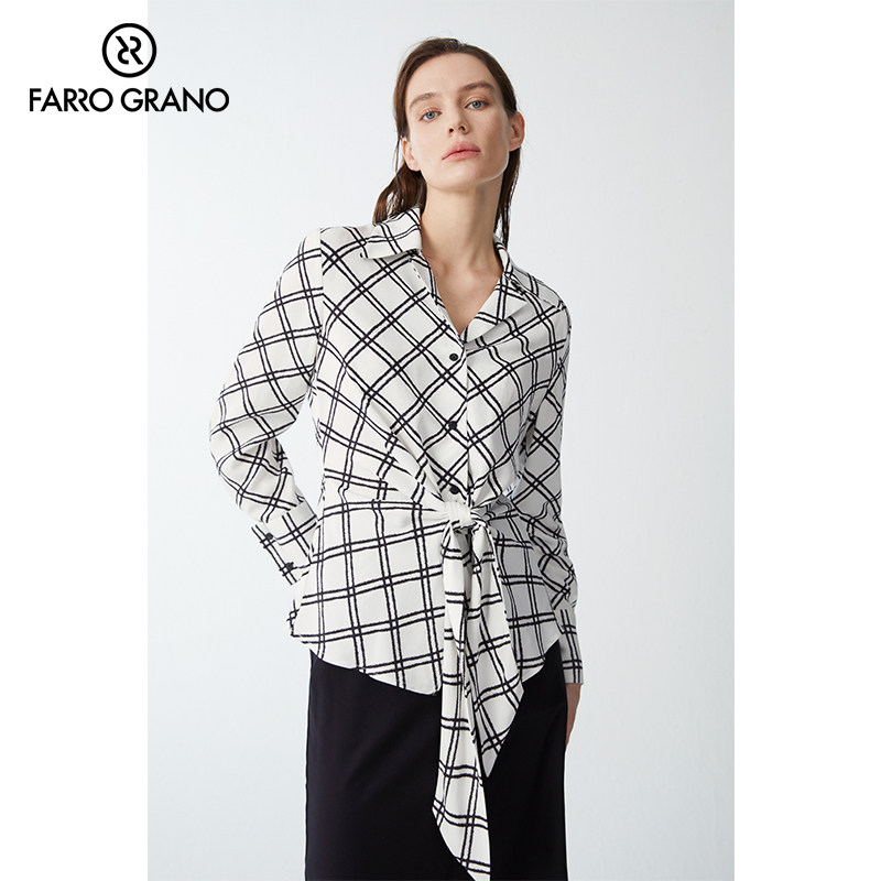 farro grano/菲诺格诺23年初秋长袖洋气黑白格子绑带收腰别致上衣